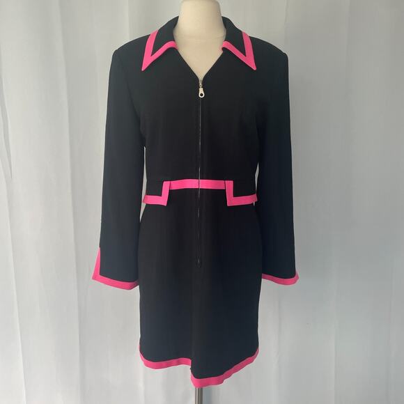 Vintage Dress Size 12 Black Pink Mod Retro 100% Wool Long Sleeve Office Minimal - Picture 16 of 16